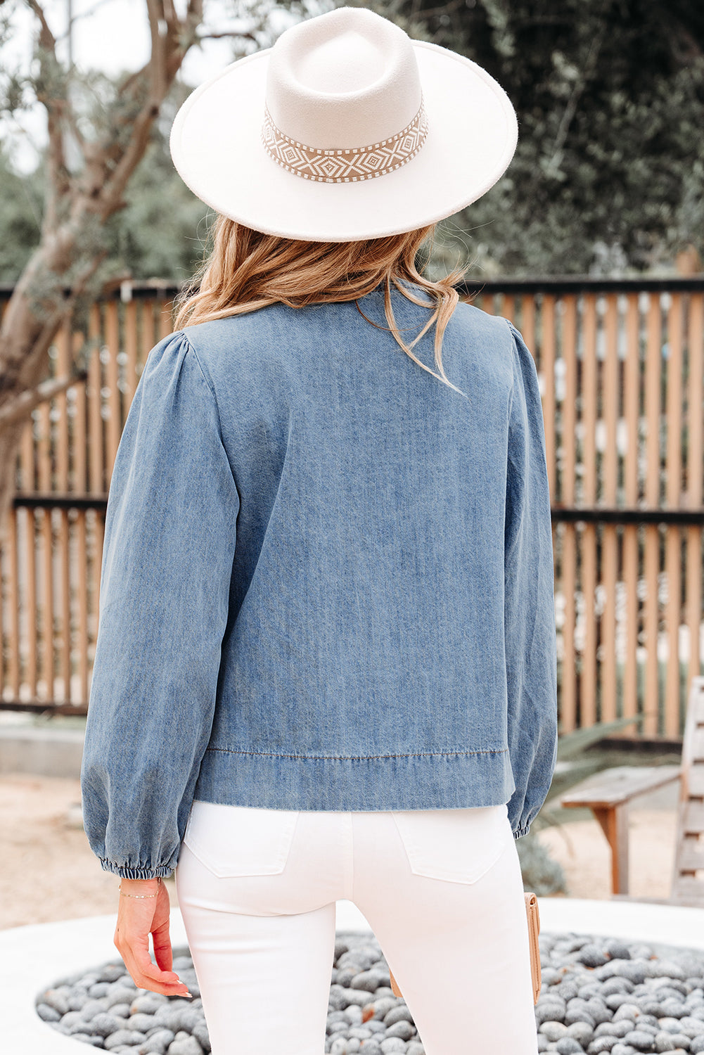 Dusk Blue Tied Front Long Puff Sleeve Denim Top-Tops/Blouses & Shirts-[Adult]-[Female]-2022 Online Blue Zone Planet