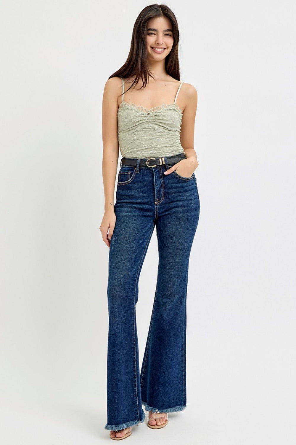 RISEN Tummy Control Frayed Hem Flare Jeans-BOTTOMS SIZES SMALL MEDIUM LARGE-[Adult]-[Female]-2022 Online Blue Zone Planet