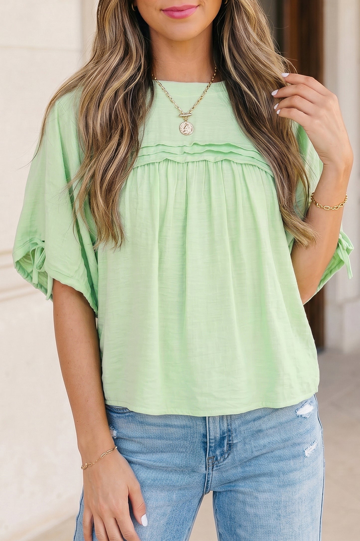 Meadow Mist Green Tie Half Sleeve Pleated Detail Babydoll Blouse