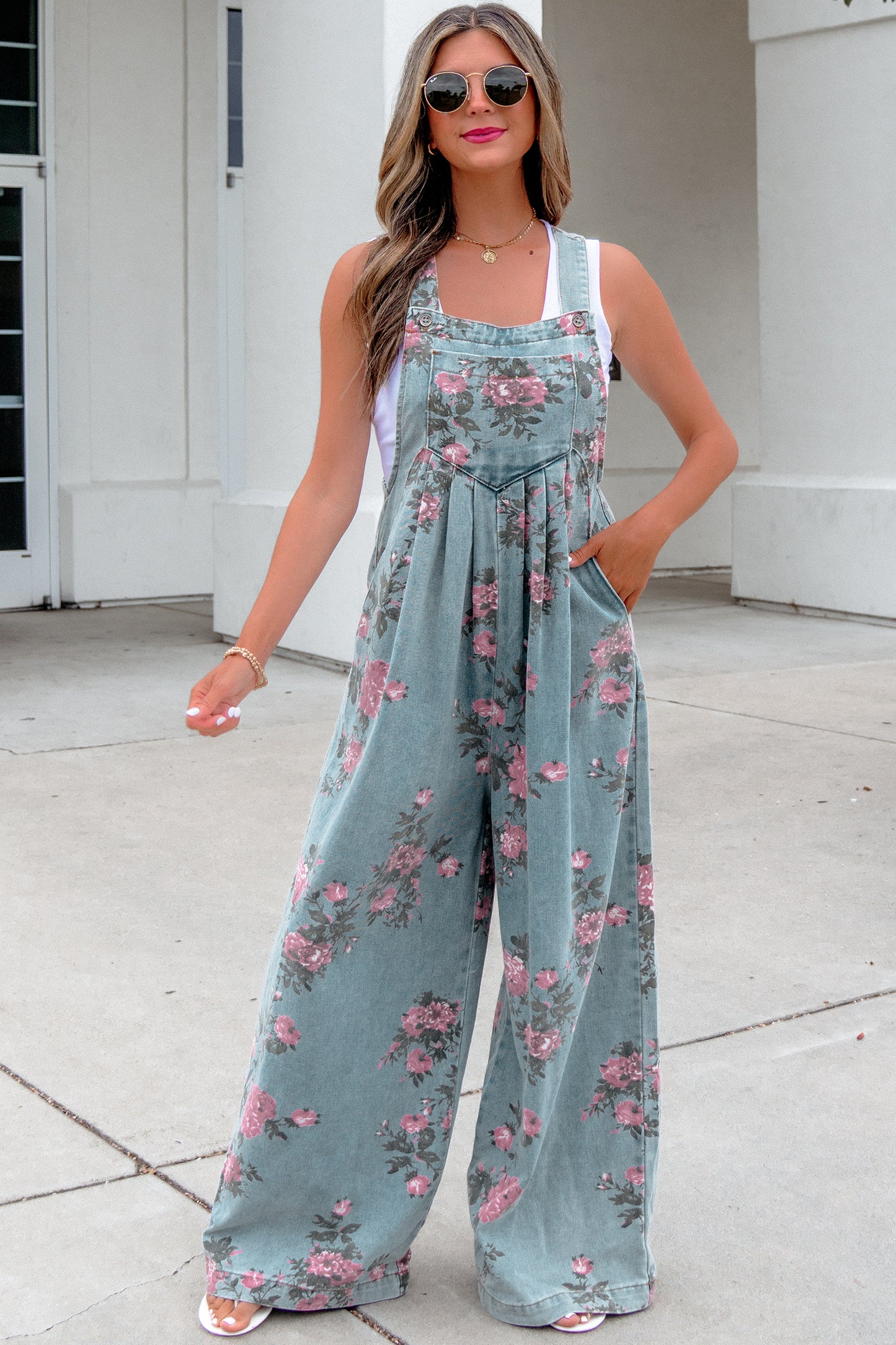 Blue Beau Floral Print Pleated High Waist Wide Leg Denim Jumpsuit-Bottoms/Jumpsuits & Rompers-[Adult]-[Female]-2022 Online Blue Zone Planet