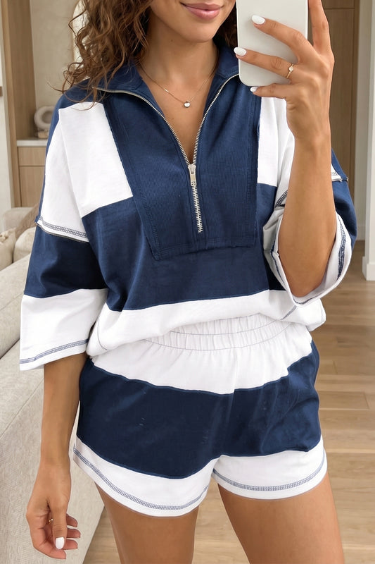 Prussian Blue Exposed Seam Detail Half Sleeve Top Elastic Waist Shorts 2pcs Set-Two Piece Sets/Short Sets-[Adult]-[Female]-Prussian Blue-S-2022 Online Blue Zone Planet