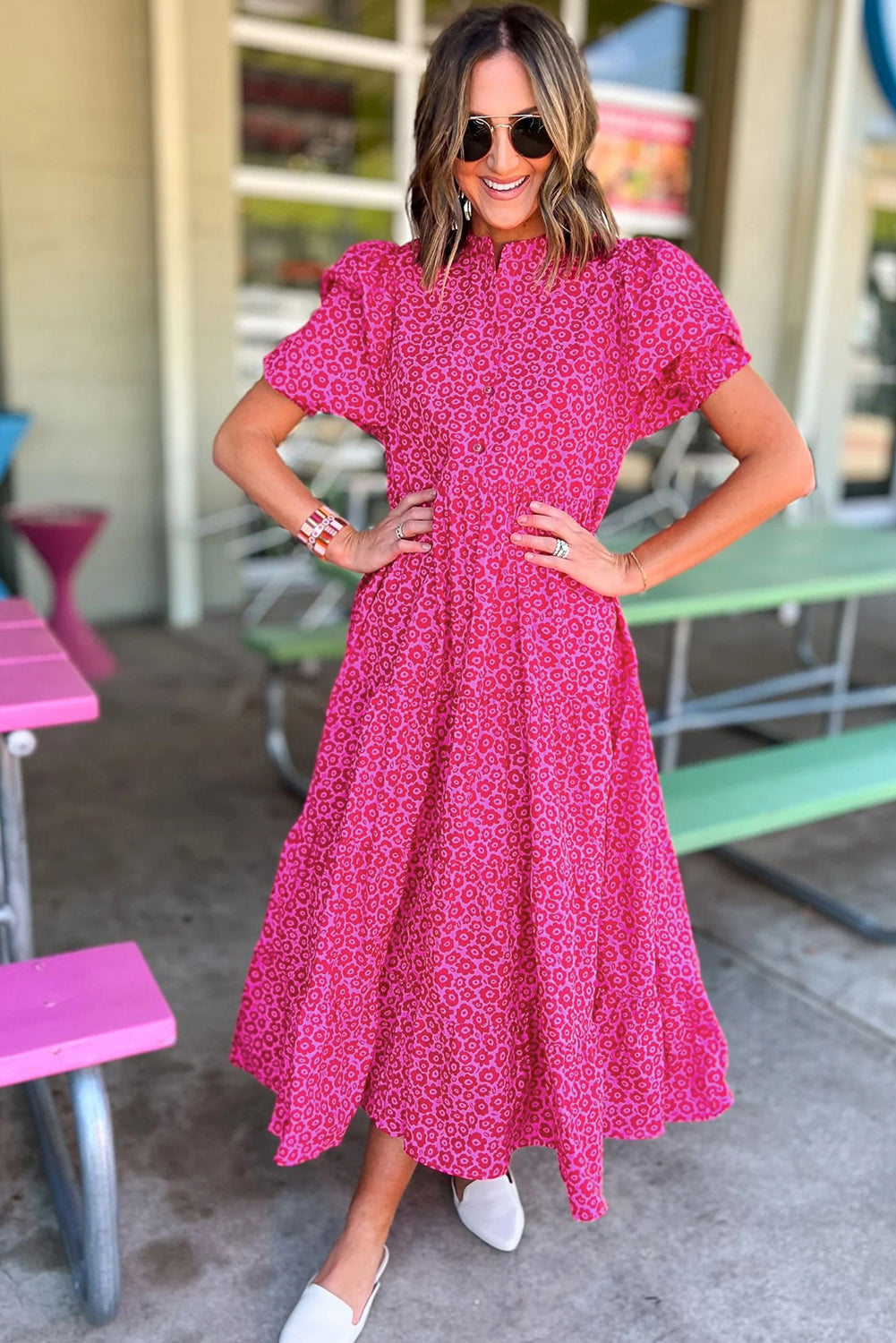 Blue Zone Planet |  Rose Red Flower Mock Neck Puff Sleeve Tiered Maxi Dress Blue Zone Planet