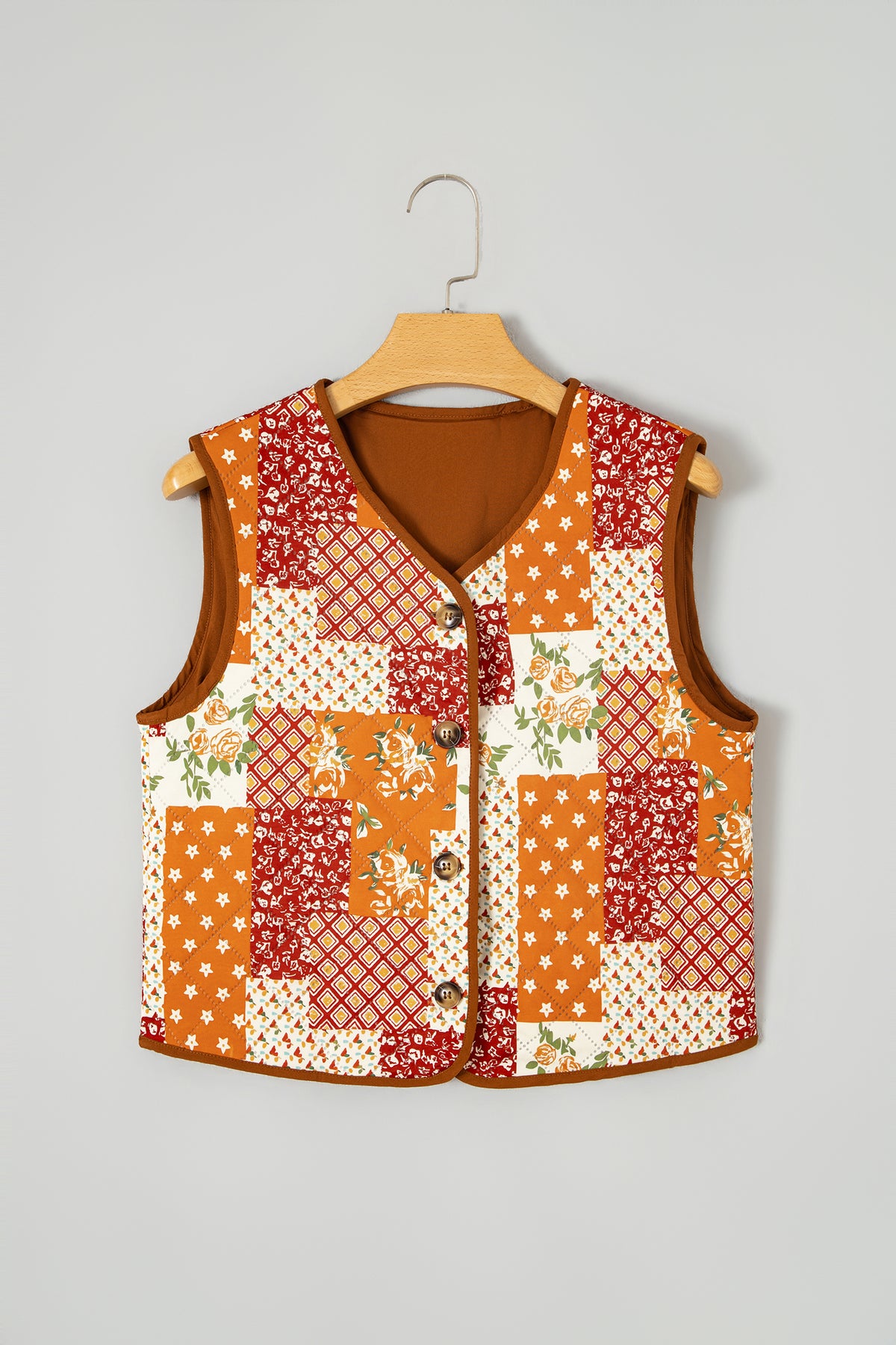 Golden Fleece Quilted Floral Patchwork Contrast Trim V Neck Button Vest-Outerwear/Vests-[Adult]-[Female]-2022 Online Blue Zone Planet
