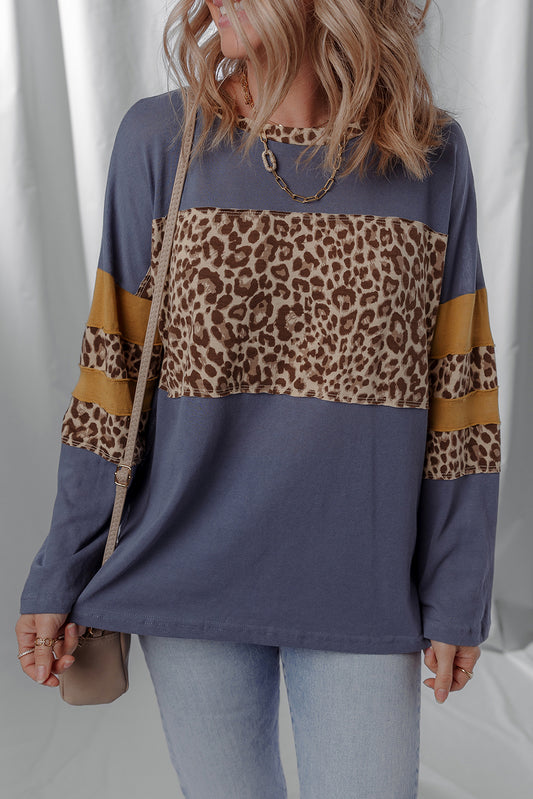 Dark Blue Leopard Colorblock Patchwork Long Sleeve Drop Shoulder Top-Tops/Long Sleeve Tops-[Adult]-[Female]-Dark Blue-S-2022 Online Blue Zone Planet