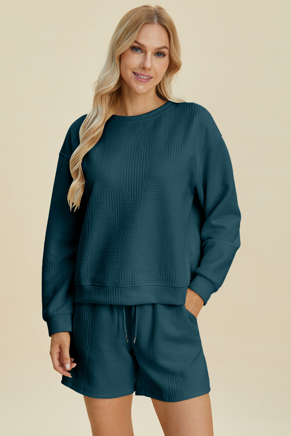 Double Take Full Size Texture Round Neck Long Sleeve Top and Shorts Set-TOPS / DRESSES-[Adult]-[Female]-Peacock Blue-S-2022 Online Blue Zone Planet