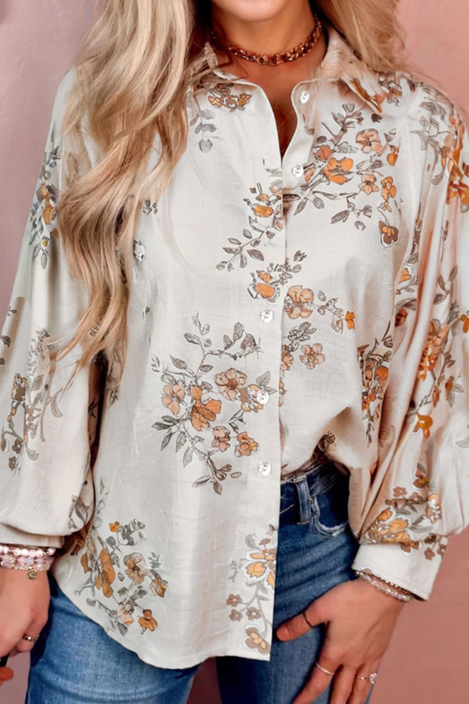 Apricot Floral Printed Silky Button Up Long Sleeve Shirt-Tops/Blouses & Shirts-[Adult]-[Female]-2022 Online Blue Zone Planet