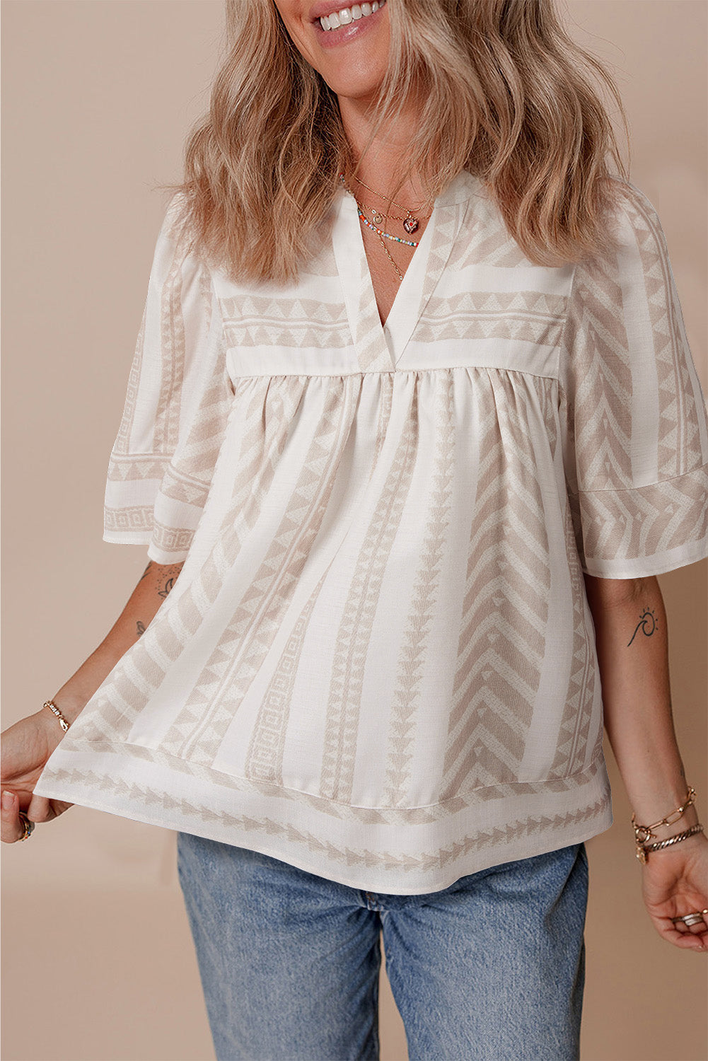 Jet Stream Geometric Jacquard Split V Neck Short Sleeve Blouse-Tops/Blouses & Shirts-[Adult]-[Female]-Jet Stream-S-2022 Online Blue Zone Planet