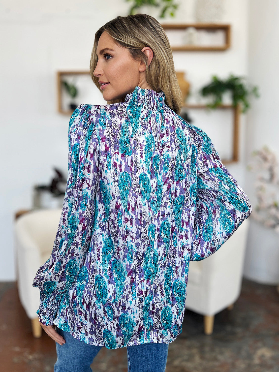 Blue Zone Planet | Double Take Full Size Printed Smocked Long Sleeve Blouse-TOPS / DRESSES-[Adult]-[Female]-2022 Online Blue Zone Planet