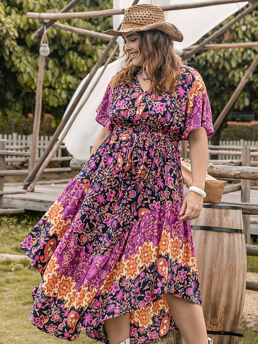 Blue Zone Planet | Plus Size Printed V-Neck Flutter Sleeve Midi Dress-TOPS / DRESSES-[Adult]-[Female]-Vivid Violet-0XL-2022 Online Blue Zone Planet