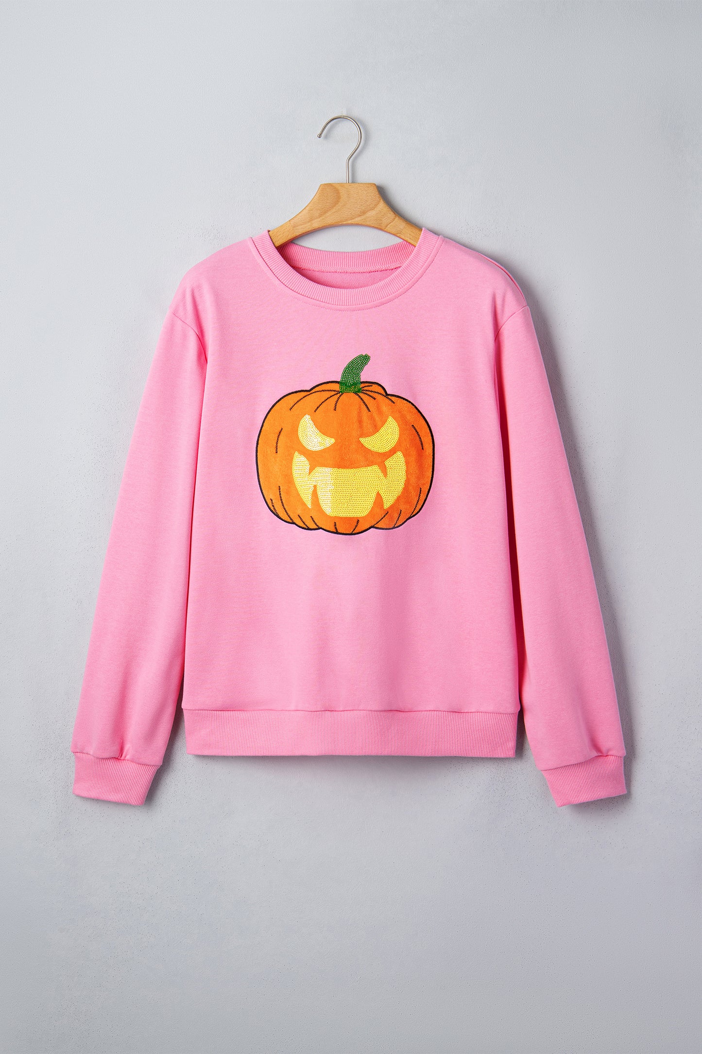 Pink Embroidered Pumpkin Face Long Sleeve Round Neck Sweatshirt