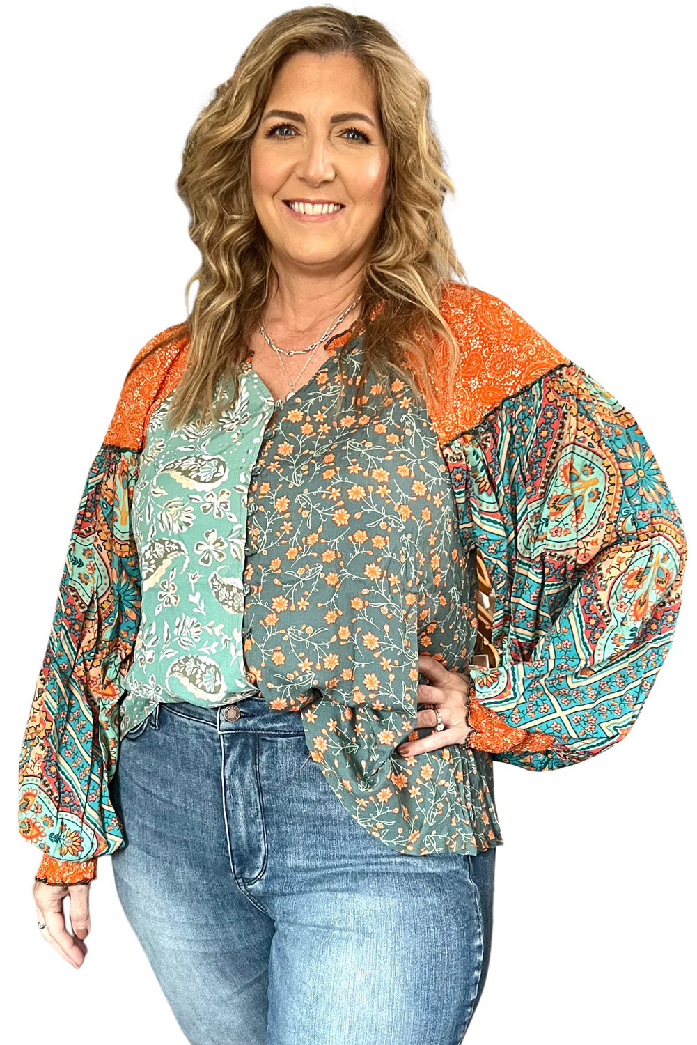 Green Floral Patchwork V Neck Lantern Sleeve Plus Size Blouse-Plus Size Tops-[Adult]-[Female]-2022 Online Blue Zone Planet