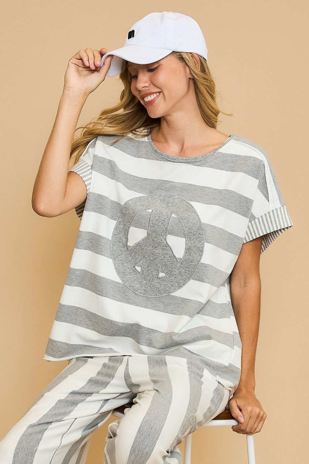 Umgee Peace Sign Patch Striped French Terry T-Shirt-TOPS / DRESSES-[Adult]-[Female]-Gray-S-2022 Online Blue Zone Planet