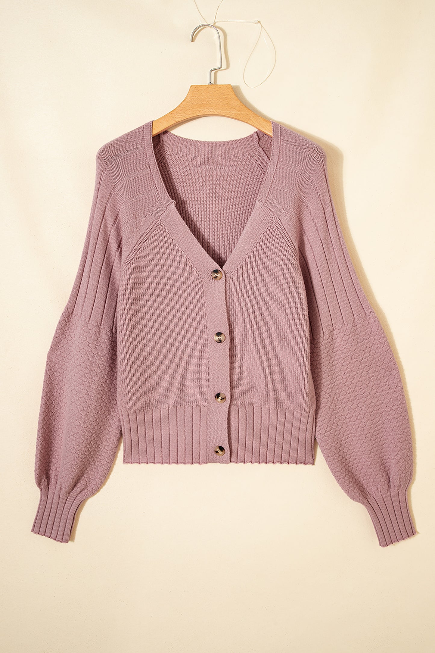 Light Pink Mixed Texture Knit Button V Neck Sweater Cardigan-TOPS / DRESSES-[Adult]-[Female]-2022 Online Blue Zone Planet