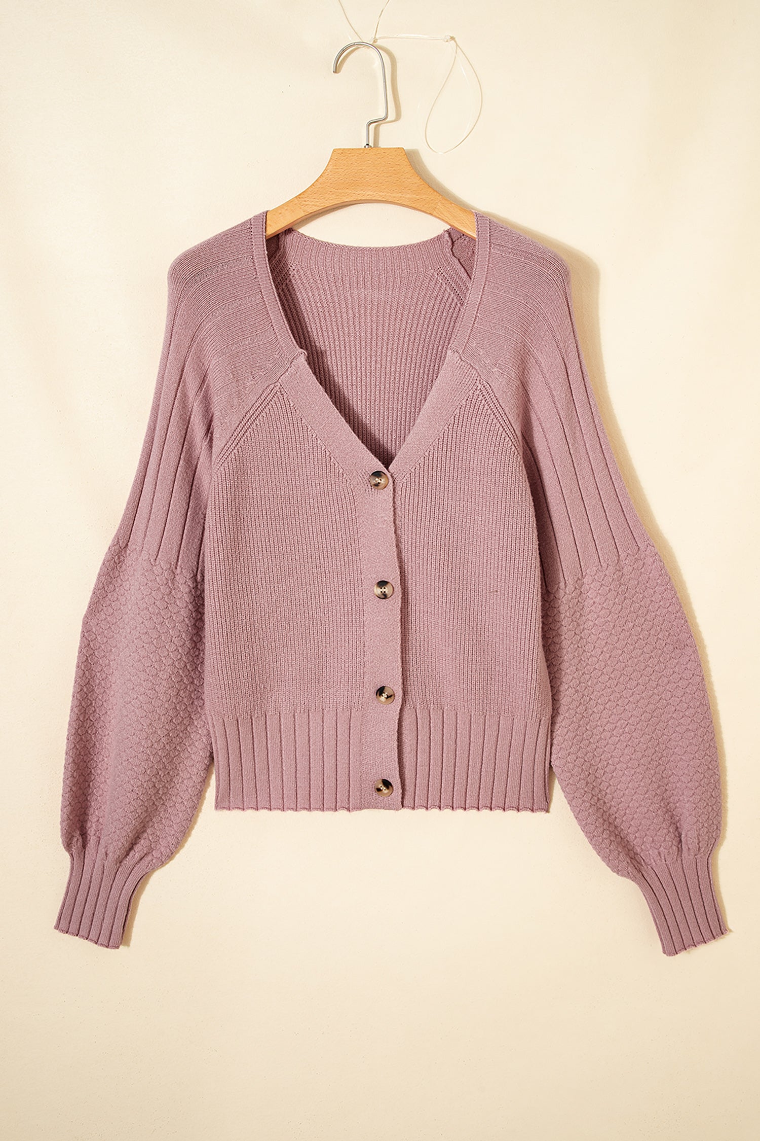 Light Pink Mixed Texture Knit Button V Neck Sweater Cardigan-TOPS / DRESSES-[Adult]-[Female]-2022 Online Blue Zone Planet