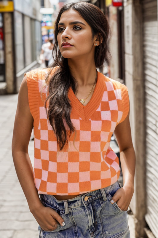 Checkered V-Neck Sweater Vest-TOPS / DRESSES-[Adult]-[Female]-Tangerine-S-2022 Online Blue Zone Planet