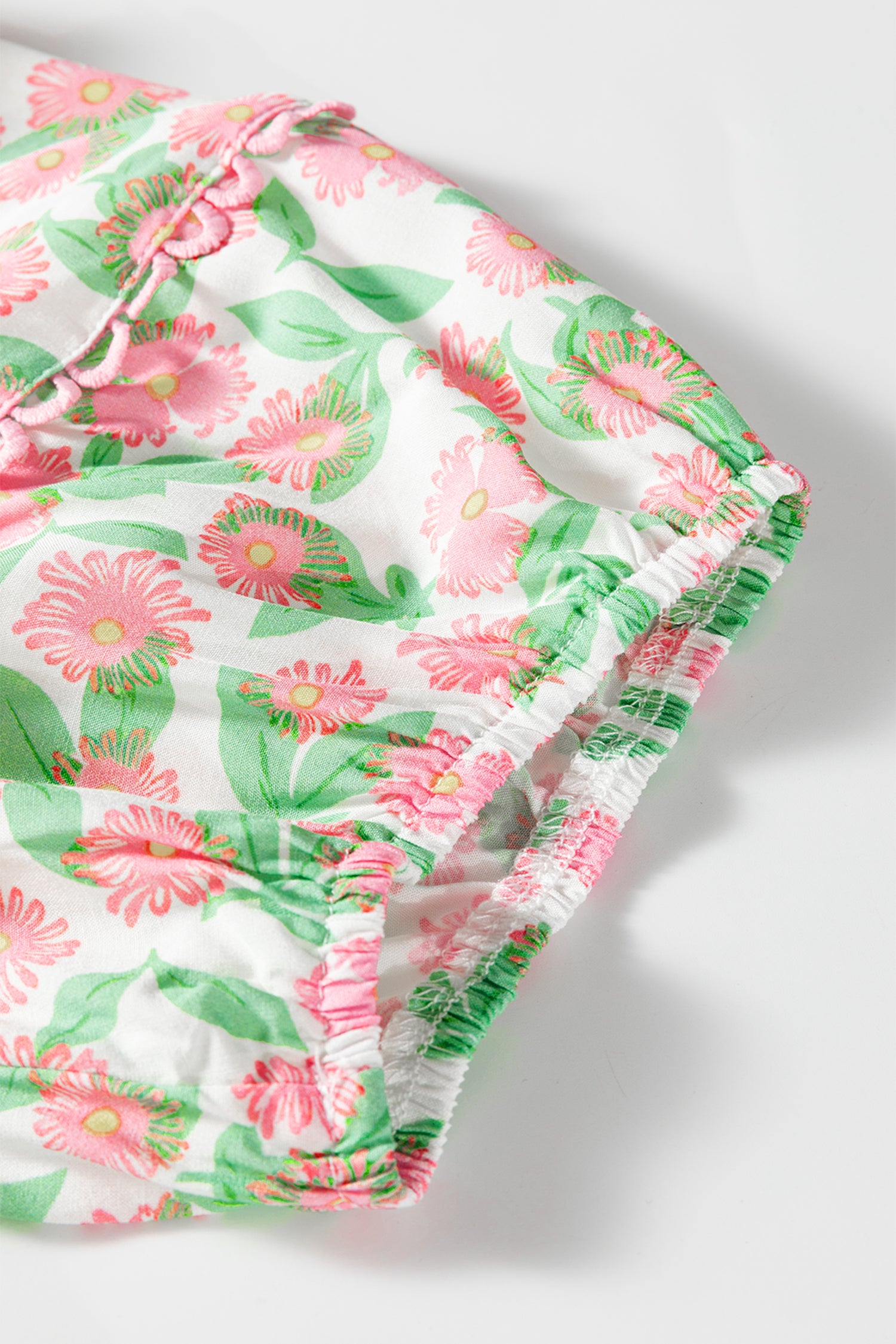 Green Contrast Neckline Ricrac Trim Floral Short Puff Sleeve Dress-TOPS / DRESSES-[Adult]-[Female]-2022 Online Blue Zone Planet