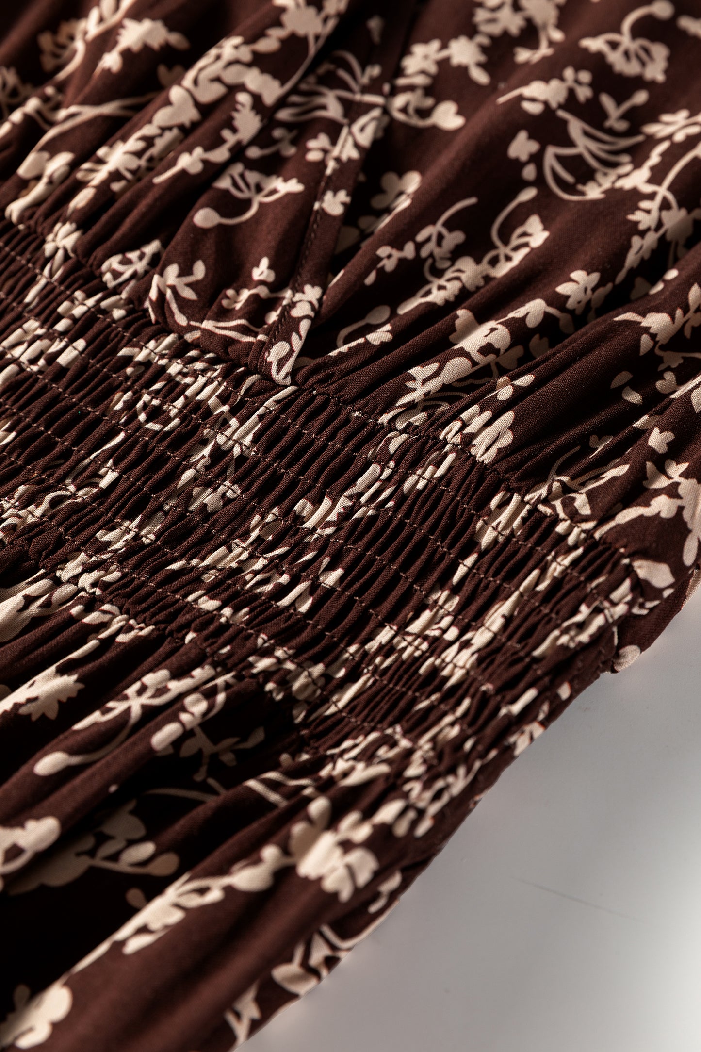 Brown Ditsy Floral Print Split Neck Long Sleeve Shirred Waist Flared Mini Dress-TOPS / DRESSES-[Adult]-[Female]-2022 Online Blue Zone Planet