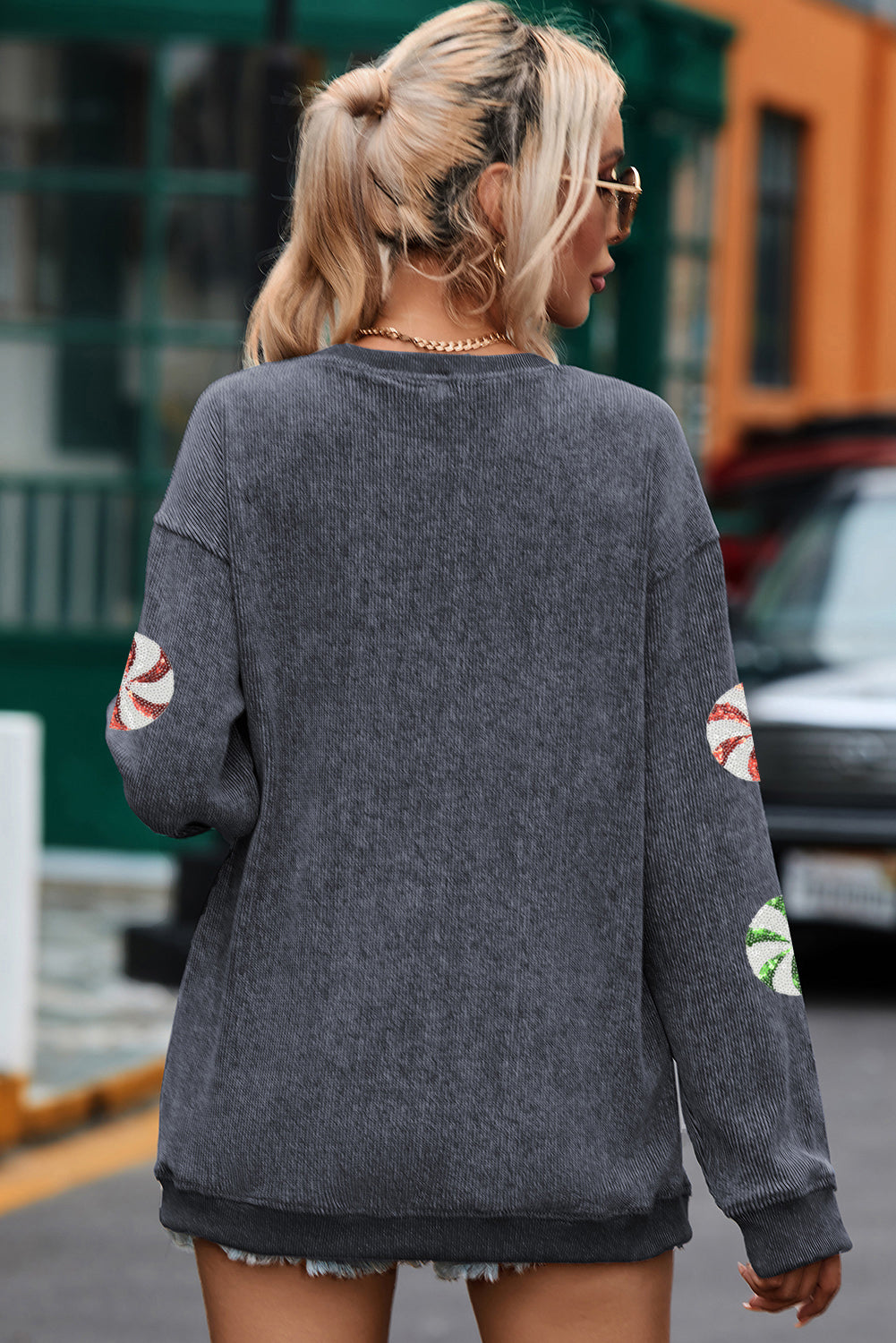 Gray Christmas Candy Sequin Graphic Ribbed Corded Baggy Sweatshirt-Graphic/Graphic Sweatshirts-[Adult]-[Female]-2022 Online Blue Zone Planet