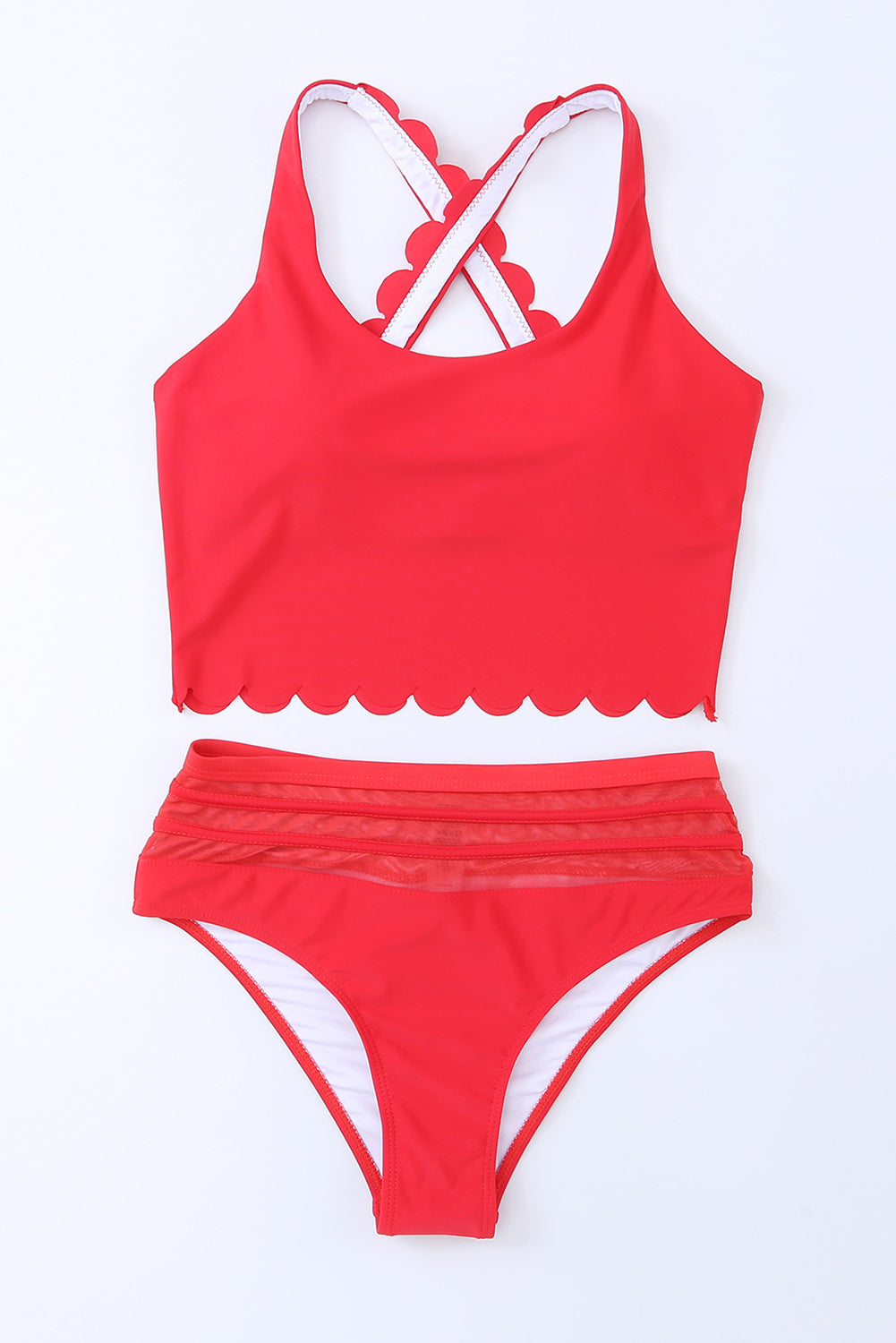 Fiery Red Scalloped Criss Cross High Waist Bikini-TOPS / DRESSES-[Adult]-[Female]-2022 Online Blue Zone Planet