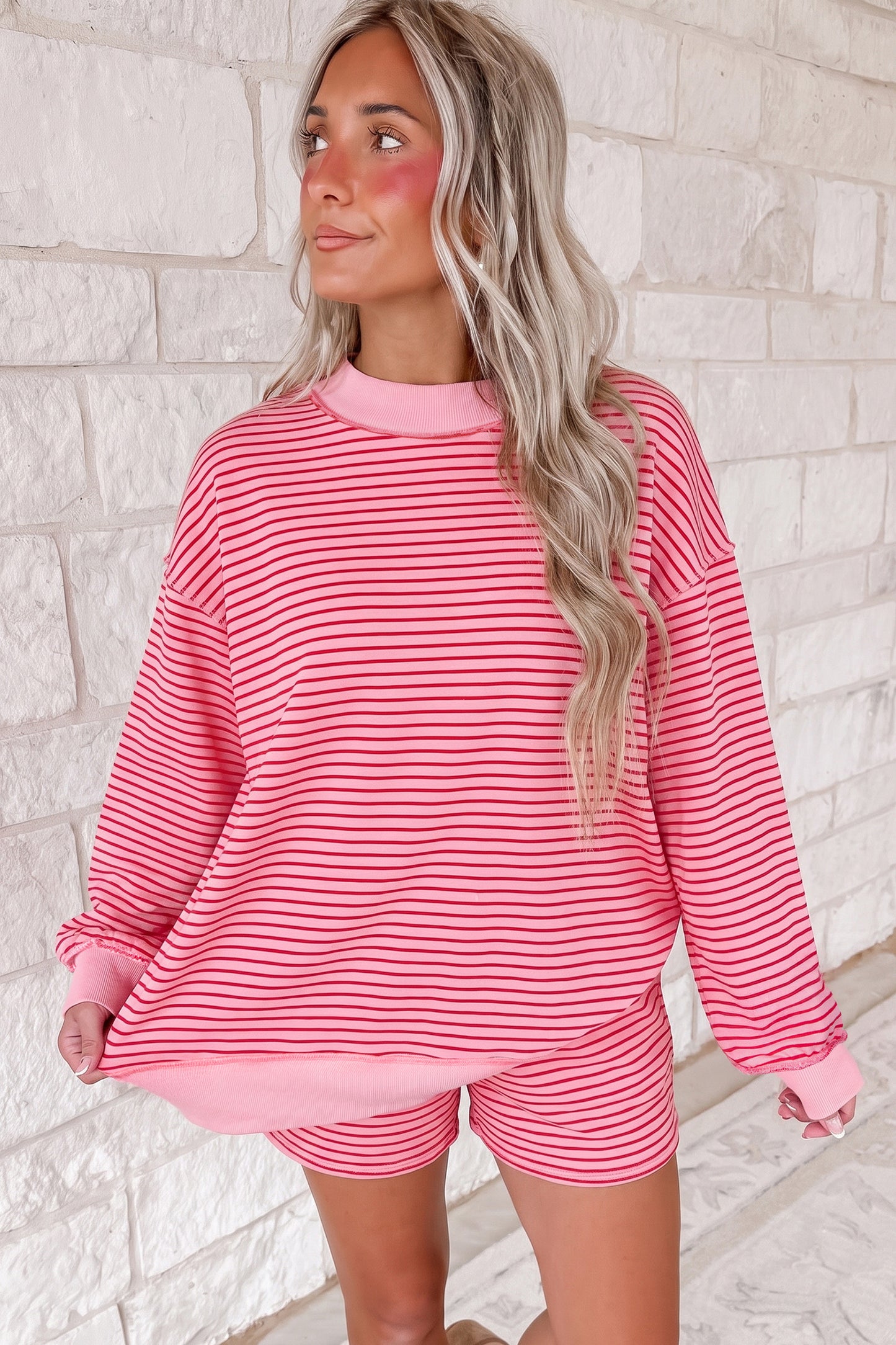 Blue Stripe Ribbed Patchwork Mock Neck Baggy Pullover Matching Shorts Set