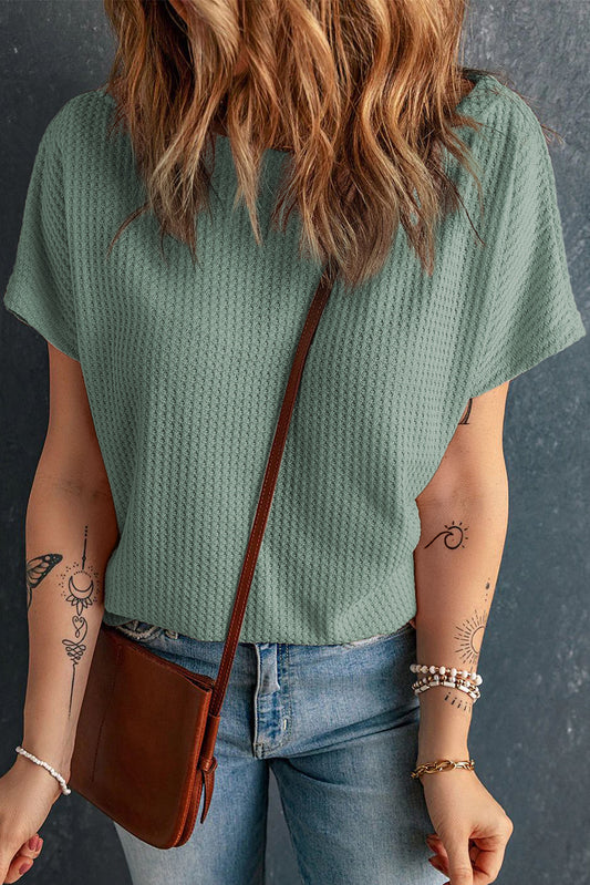 Mist Green Waffle Knit Boat Neck Short Sleeve Top-Tops/Tops & Tees-[Adult]-[Female]-Mist Green-S-2022 Online Blue Zone Planet