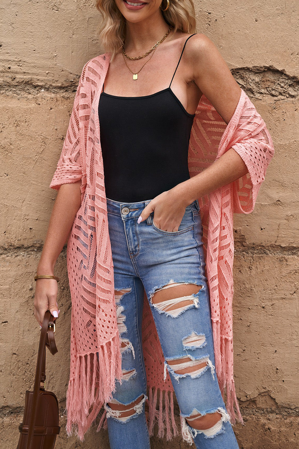 Blue Zone Planet | Openwork Open Front Cardigan with Fringes-TOPS / DRESSES-[Adult]-[Female]-Blush Pink-One Size-2022 Online Blue Zone Planet