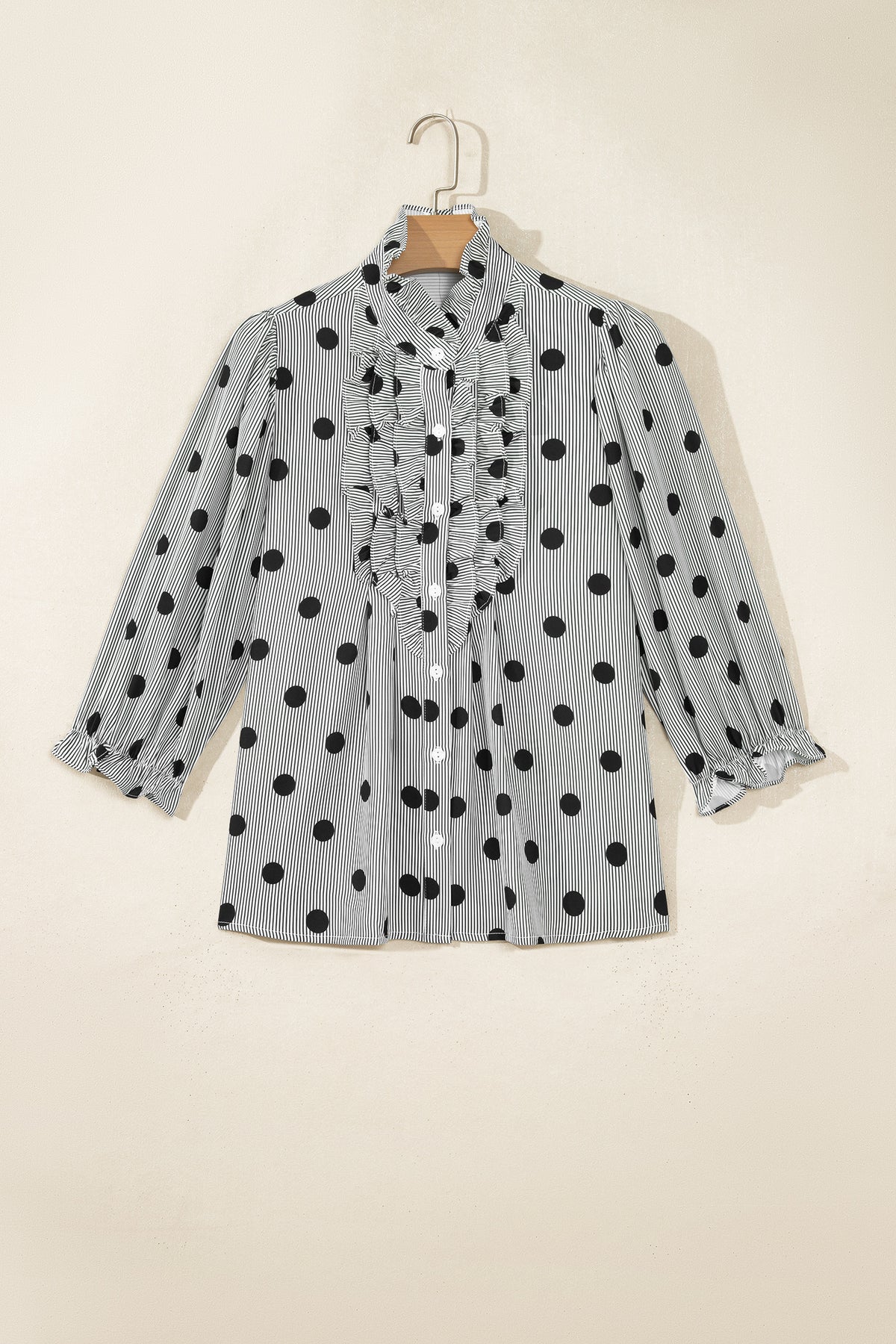 Black white Polka Dot Striped Print Ruffle Stand Neck 3/4 Sleeve Shift Shirt-Tops/Blouses & Shirts-[Adult]-[Female]-2022 Online Blue Zone Planet