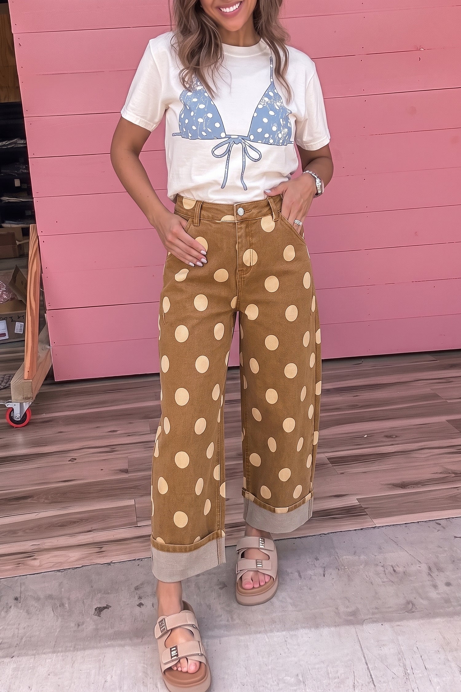 Sky Blue Polka Dot Ankle-Length Metal Button Casual Jeans-Bottoms/Jeans-[Adult]-[Female]-2022 Online Blue Zone Planet