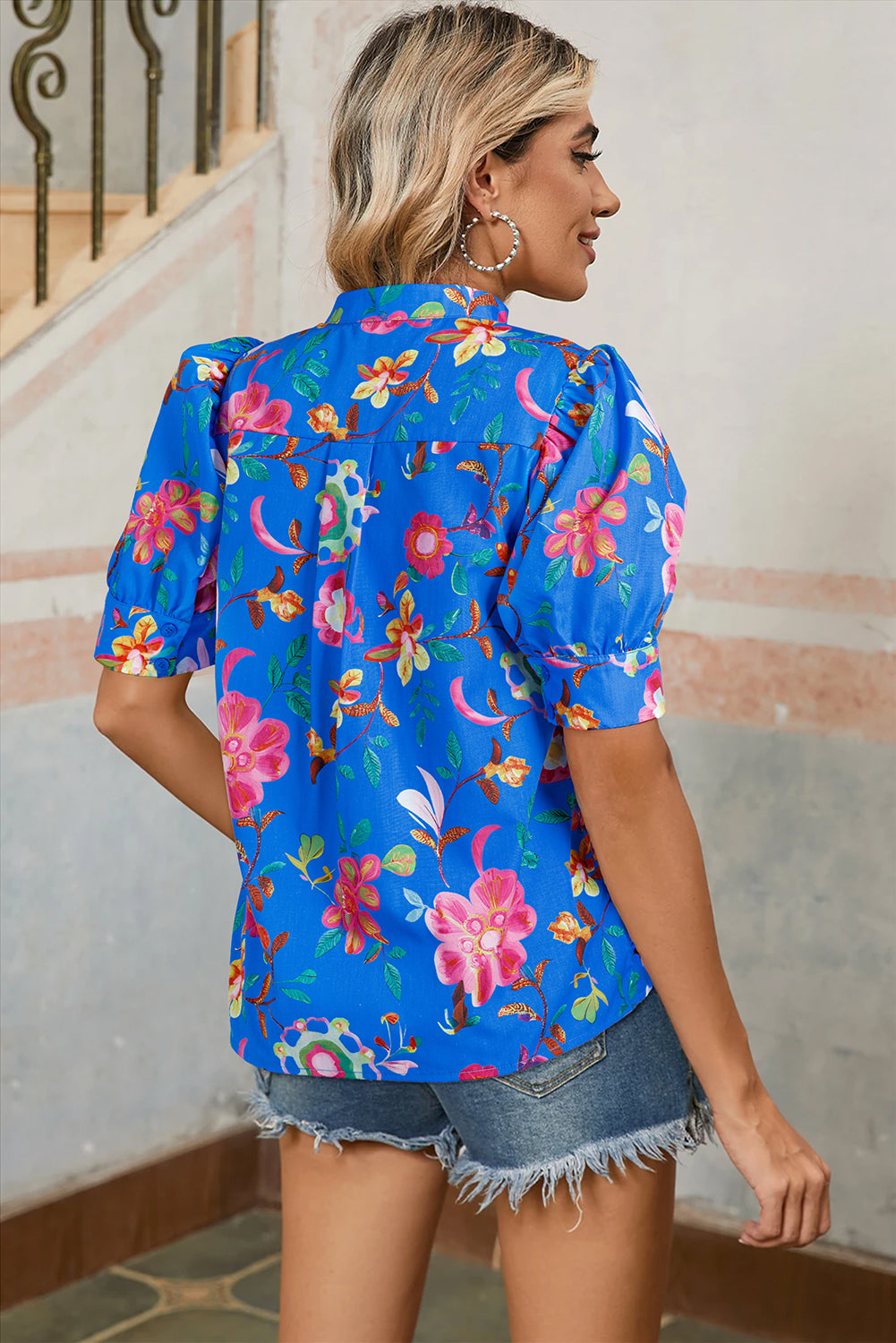 Blue Floral Short Puff Sleeve Button Up Shirt-Tops/Blouses & Shirts-[Adult]-[Female]-2022 Online Blue Zone Planet