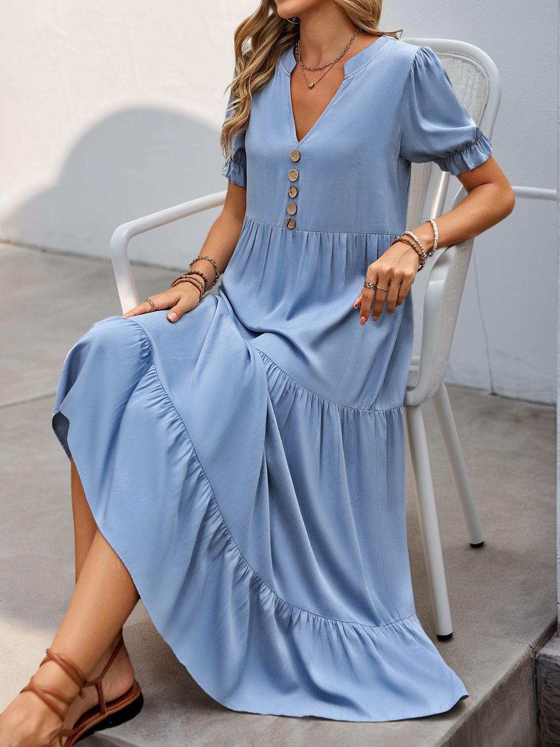 Perfee Decorative Button Notched Short Sleeve Midi Dress-TOPS / DRESSES-[Adult]-[Female]-2022 Online Blue Zone Planet