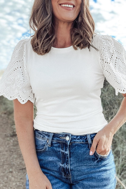 White Eyelet Pattern Short Sleeve Patchwork Ribbed Top-Tops/Tops & Tees-[Adult]-[Female]-White-S-2022 Online Blue Zone Planet