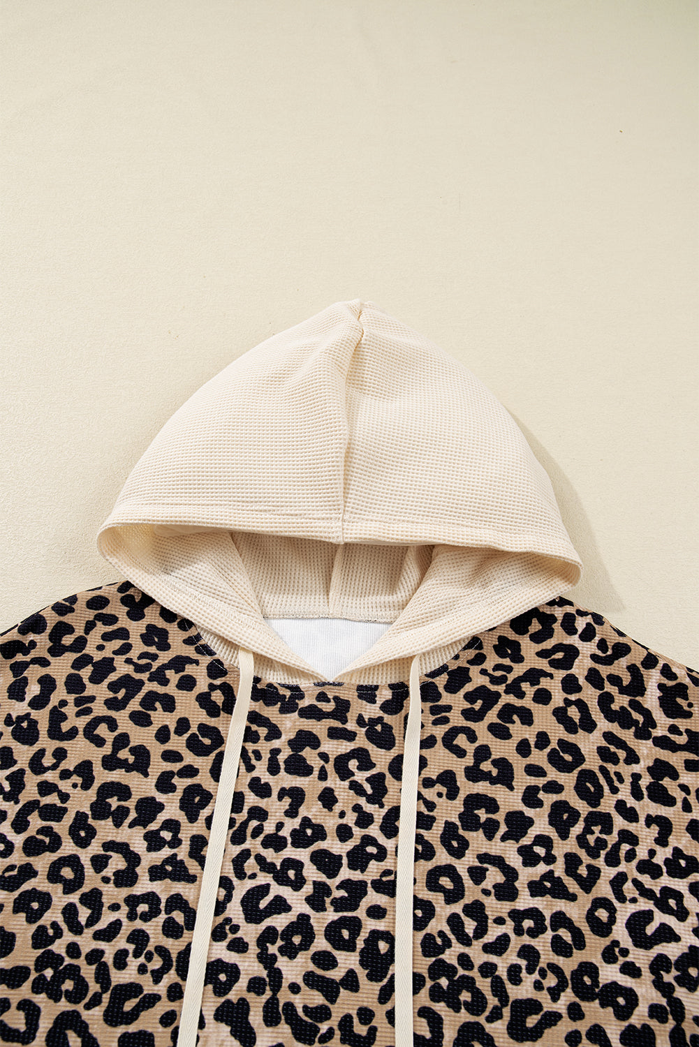 Leopard Print Waffle Contrast Kangaroo Pocket Hooded Sweatshirt-Tops / Dresses-[Adult]-[Female]-2022 Online Blue Zone Planet
