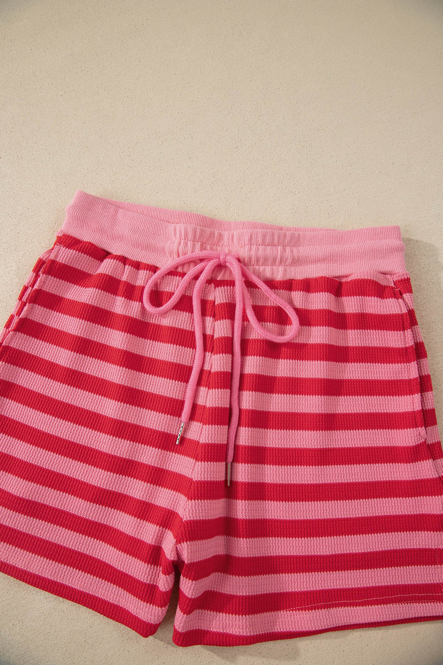 Red Stripe Puff Short Sleeve T Shirt Matching Shorts Set-Two Piece Sets/Short Sets-[Adult]-[Female]-2022 Online Blue Zone Planet