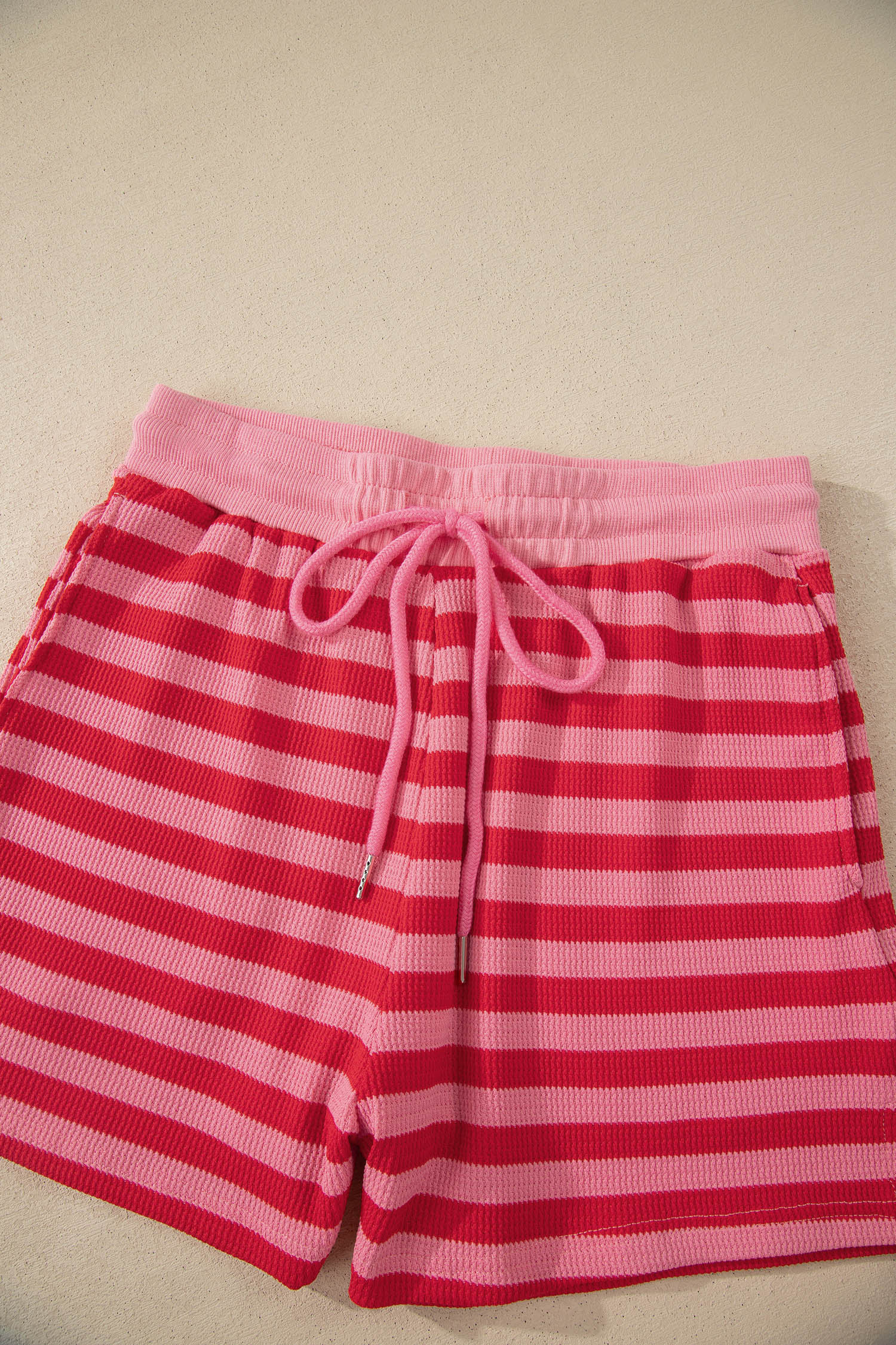 Red Stripe Puff Short Sleeve T Shirt Matching Shorts Set-Two Piece Sets/Short Sets-[Adult]-[Female]-2022 Online Blue Zone Planet