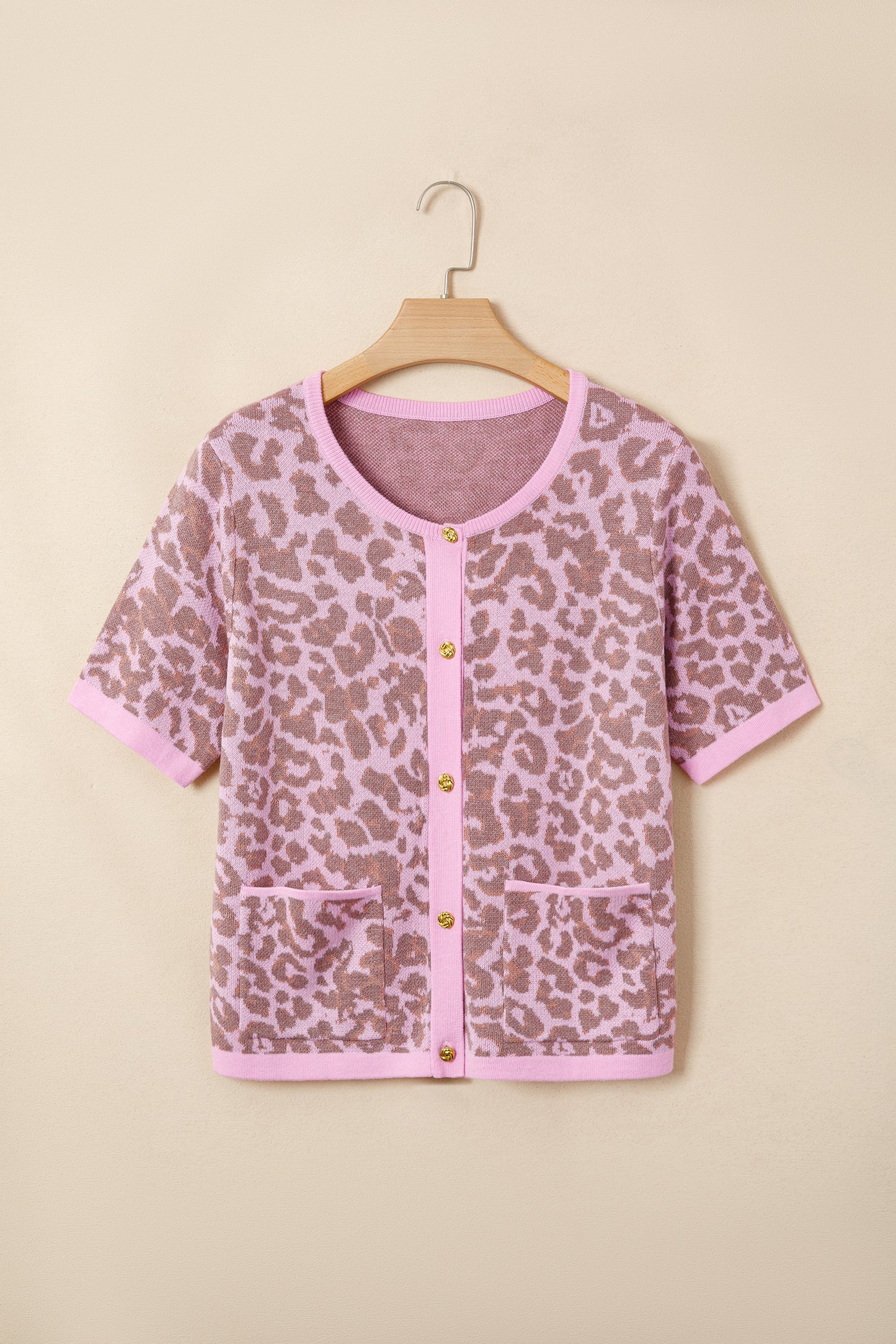 Pink Leopard Button Down Short Sleeve Sweater Cardigan-Sweaters & Cardigans/Cardigans-[Adult]-[Female]-2022 Online Blue Zone Planet