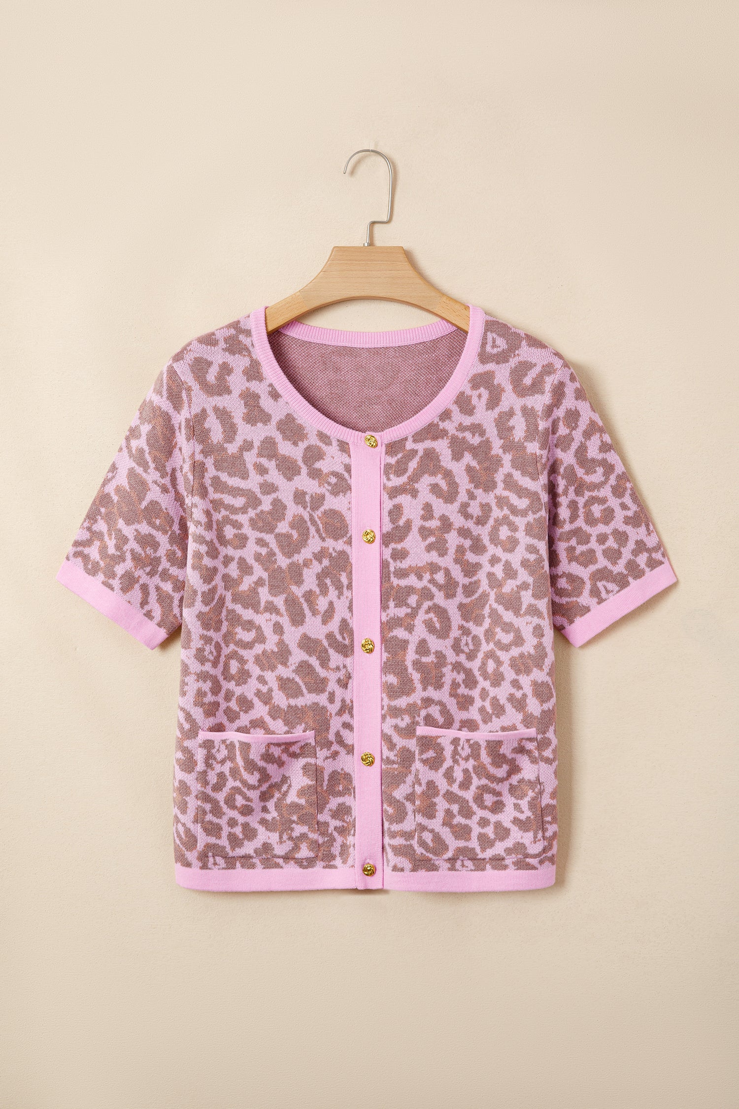 Pink Leopard Button Down Short Sleeve Sweater Cardigan-Sweaters & Cardigans/Cardigans-[Adult]-[Female]-2022 Online Blue Zone Planet