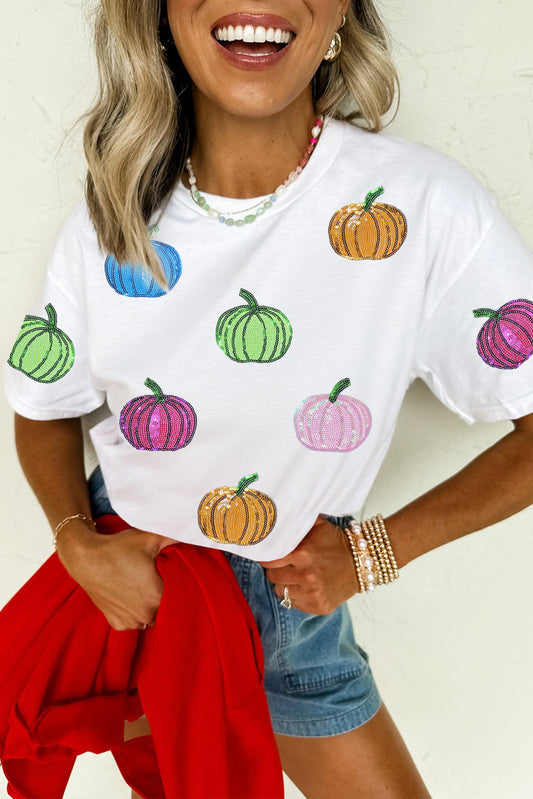 White Sequin Pumpkin Patched Cotton Blend T Shirt-Graphic/Graphic Tees-[Adult]-[Female]-White-S-2022 Online Blue Zone Planet