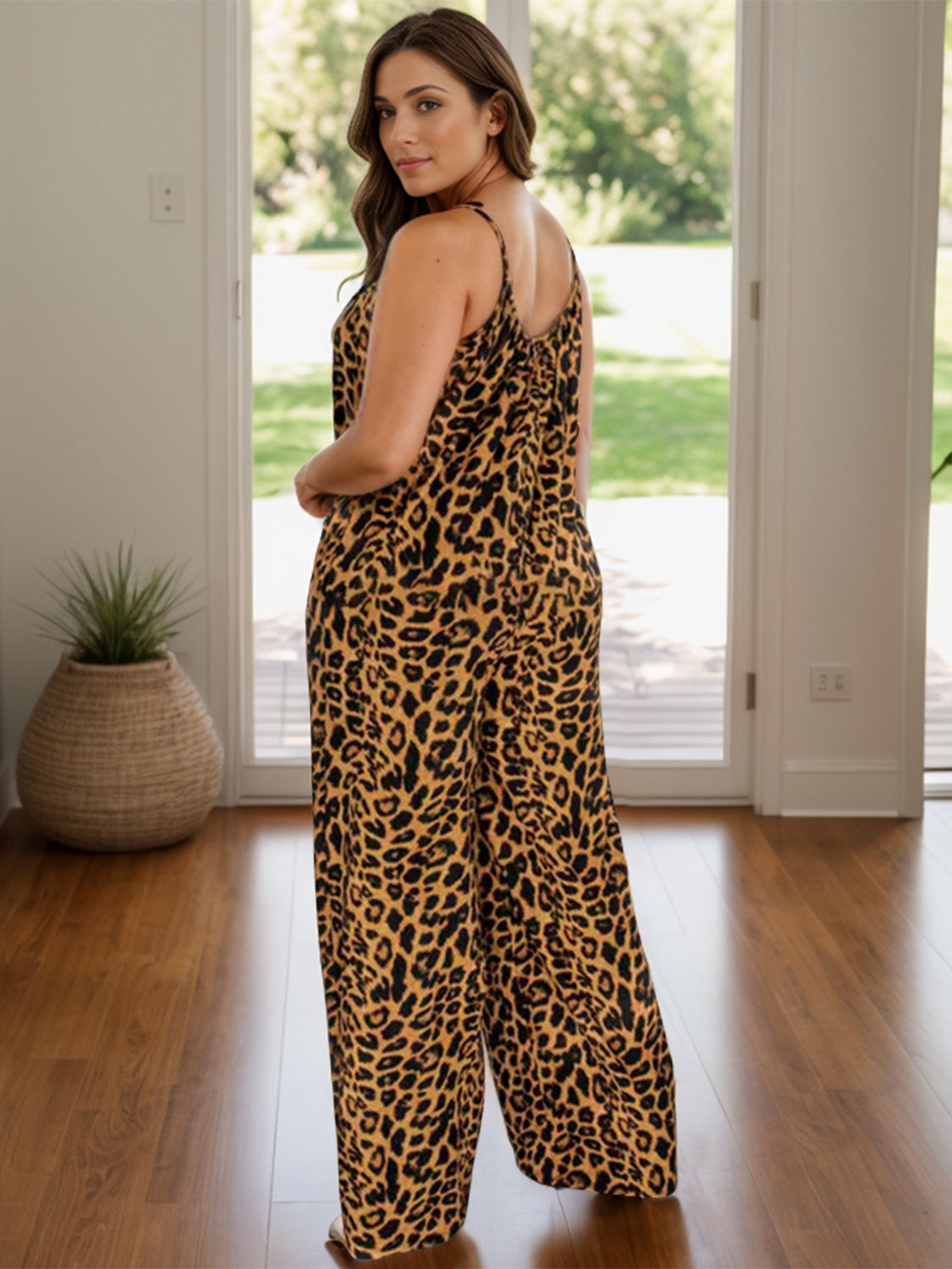 Full Size Leopard Scoop Neck Wide Leg Jumpsuit-TOPS / DRESSES-[Adult]-[Female]-2022 Online Blue Zone Planet