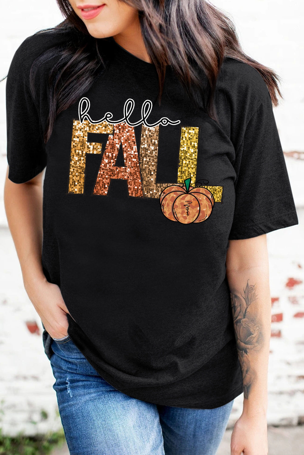 Black Hello Fall Letter Pumpkin Printed Thanksgiving T Shirt-Graphic/Graphic Tees-[Adult]-[Female]-2022 Online Blue Zone Planet