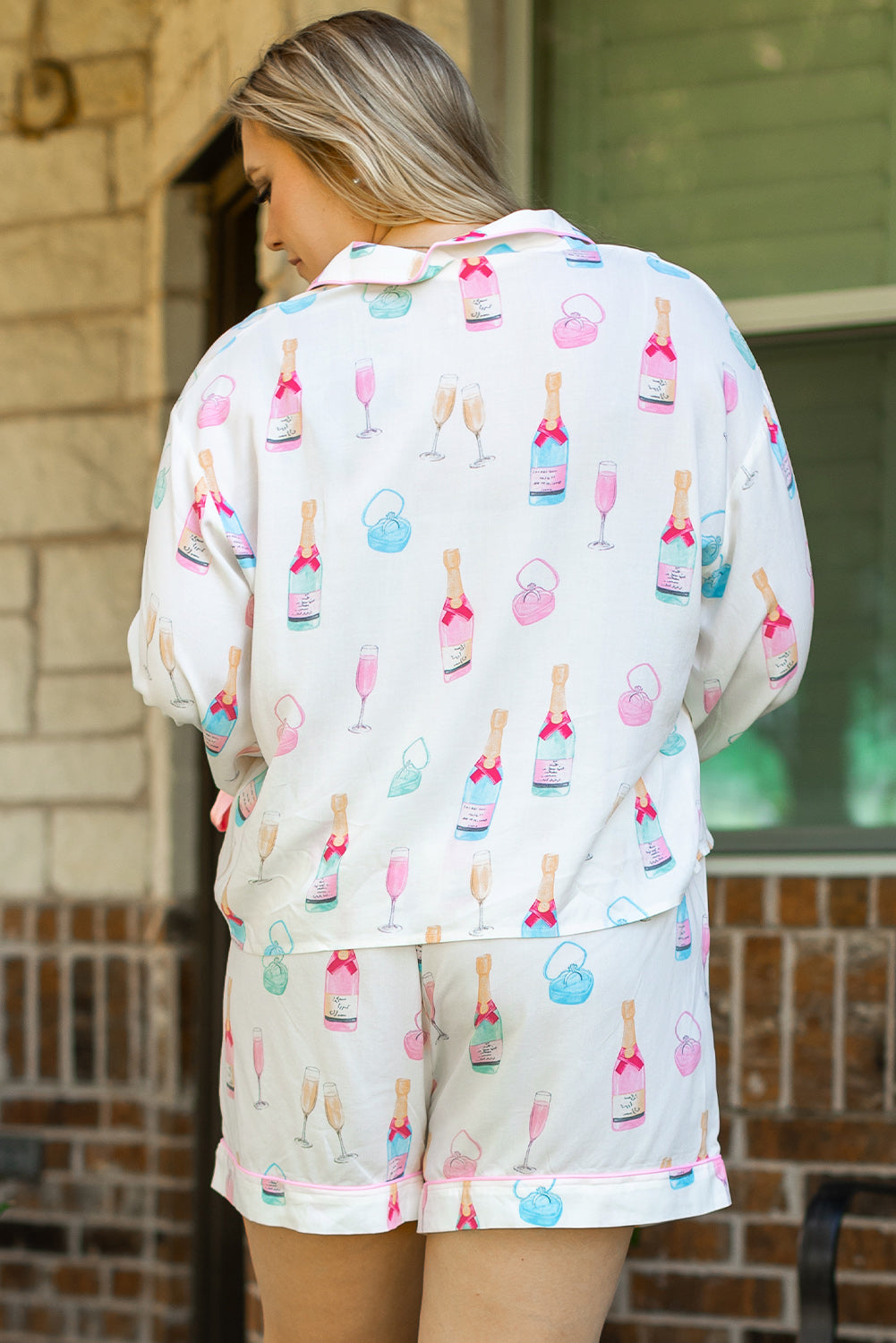 White Wine Glass Print Ribbon Bow Decor Plus Size Pajama Set-Plus Size Matching Sets-[Adult]-[Female]-2022 Online Blue Zone Planet