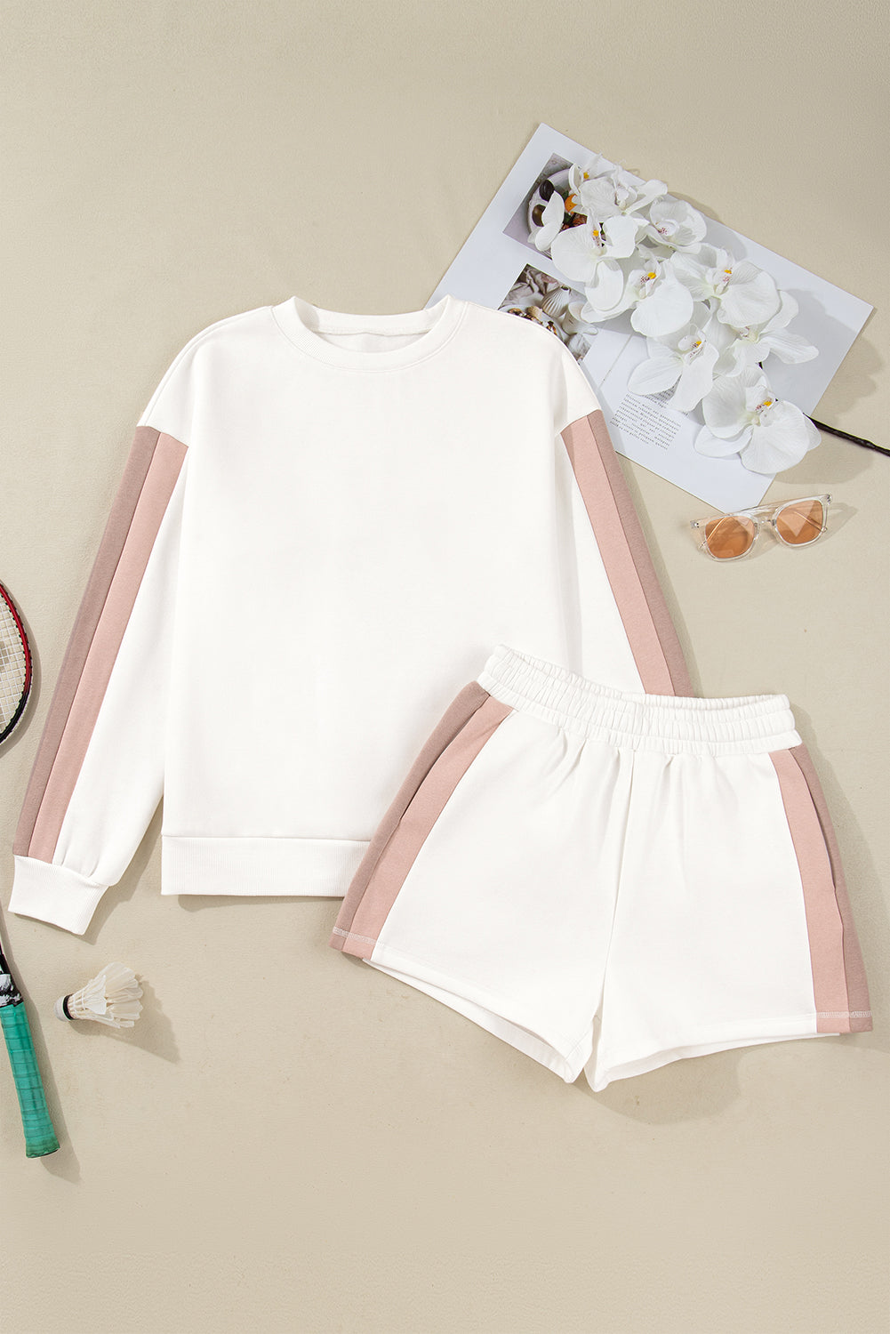 White Color Block Patchwork Drop Shoulder Pullover Casual Shorts 2pcs Outfit-Two Piece Sets/Short Sets-[Adult]-[Female]-2022 Online Blue Zone Planet
