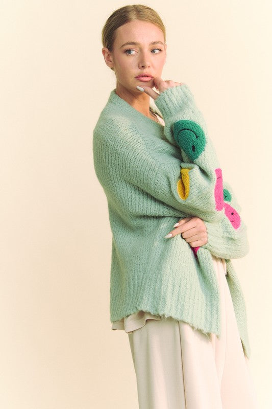 Davi & Dani Fuzzy Smile Open Front Long Sleeve Cardigan-TOPS / DRESSES-[Adult]-[Female]-2022 Online Blue Zone Planet
