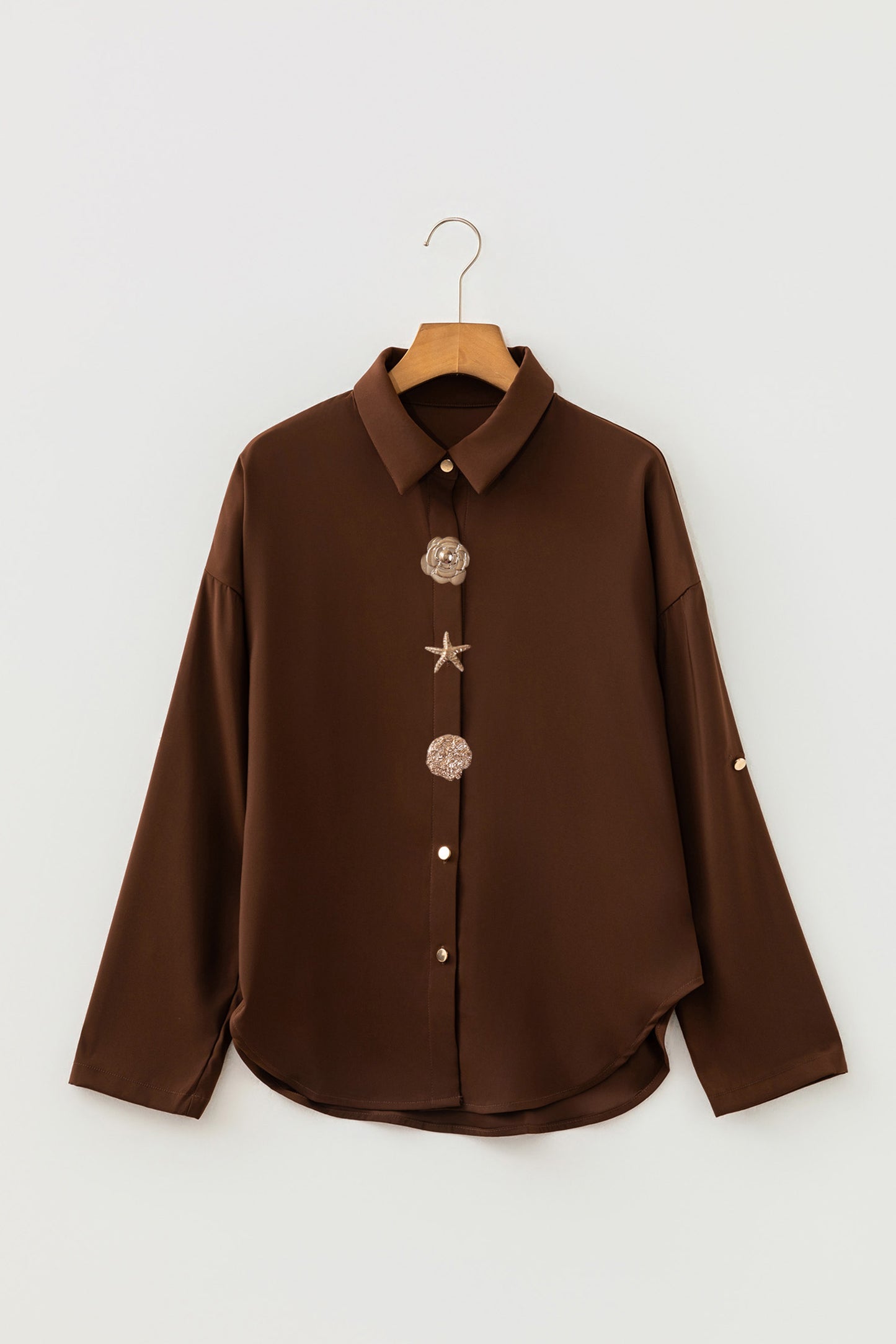 Coffee Multi Button Decoration Tab Long Sleeve Casual Shirt-Tops/Blouses & Shirts-[Adult]-[Female]-2022 Online Blue Zone Planet