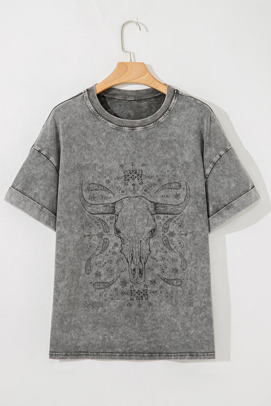 Light Grey Western Steer Head Tie Dye Print Crew Neck T Shirt-Graphic/Graphic Tees-[Adult]-[Female]-2022 Online Blue Zone Planet