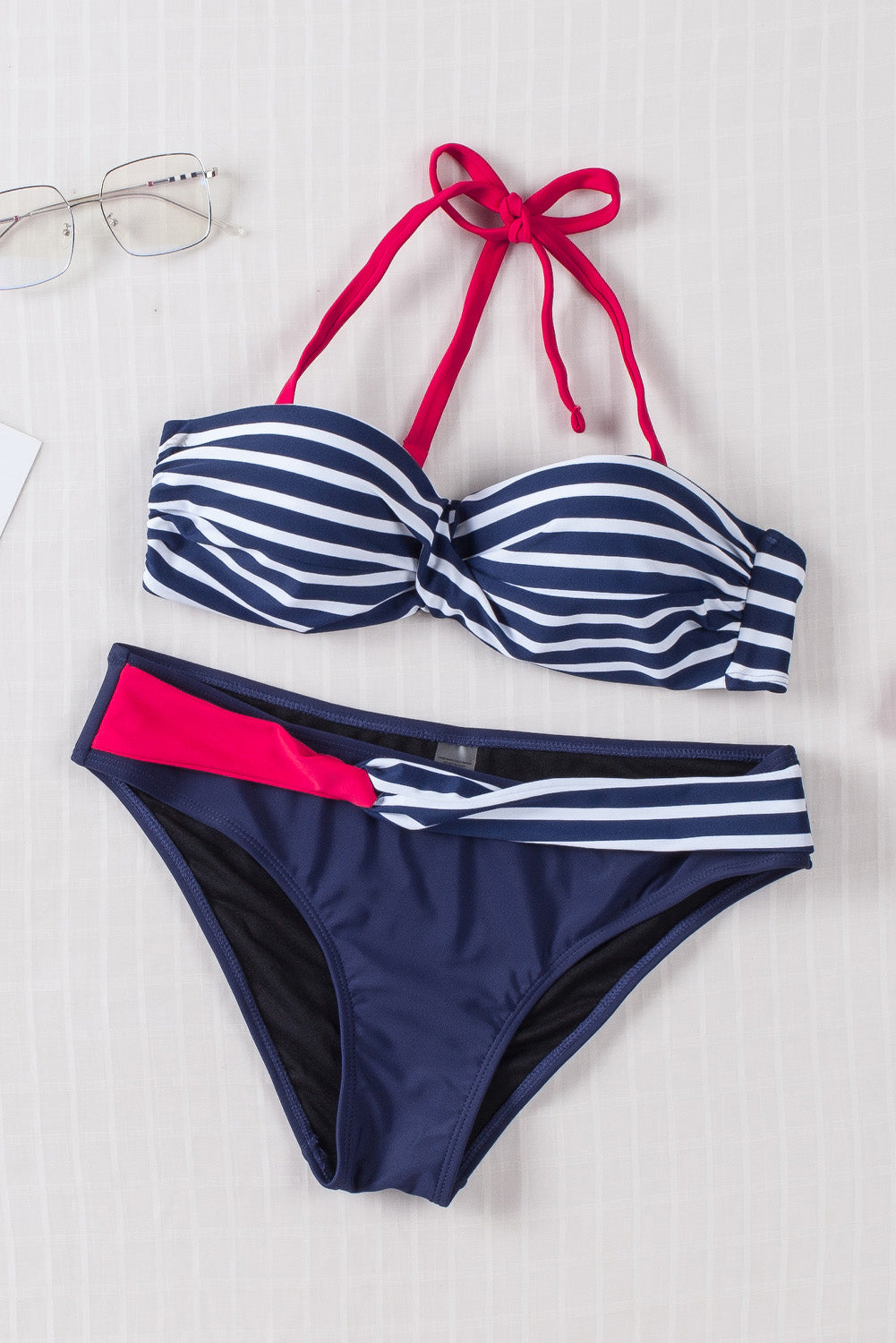 Blue Zone Planet | Blue Halter Bandeau Striped Bikini-Swimwear/Bikinis-[Adult]-[Female]-2022 Online Blue Zone Planet