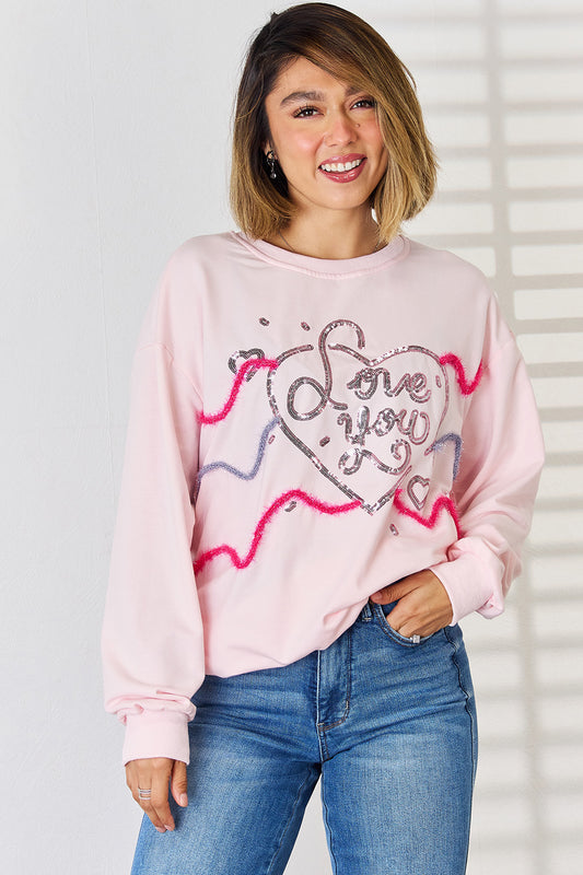 LOVE YOU Heart Sequin Round Neck Sweatshirt-TOPS / DRESSES-[Adult]-[Female]-Blush Pink-S-2022 Online Blue Zone Planet