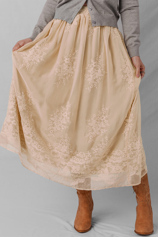 Oatmeal Embroidered Mesh Overlay Flowy Long Skirt-Bottoms/Skirts & Petticoat-[Adult]-[Female]-2022 Online Blue Zone Planet