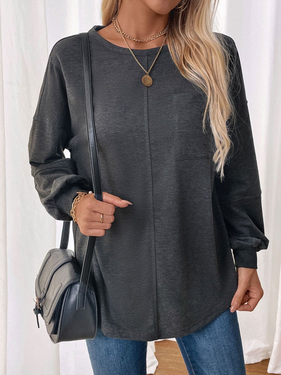 Perfee Pocketed Round Neck Long Sleeve Sweatshirt-TOPS / DRESSES-[Adult]-[Female]-2022 Online Blue Zone Planet