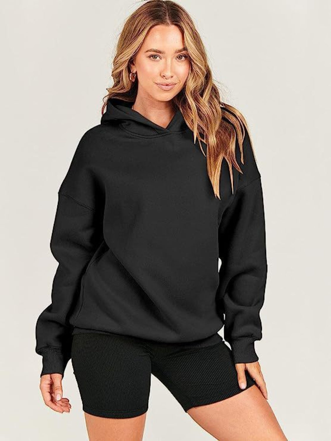 Dropped Shoulder Long Sleeve Hoodie-TOPS / DRESSES-[Adult]-[Female]-Black-S-2022 Online Blue Zone Planet