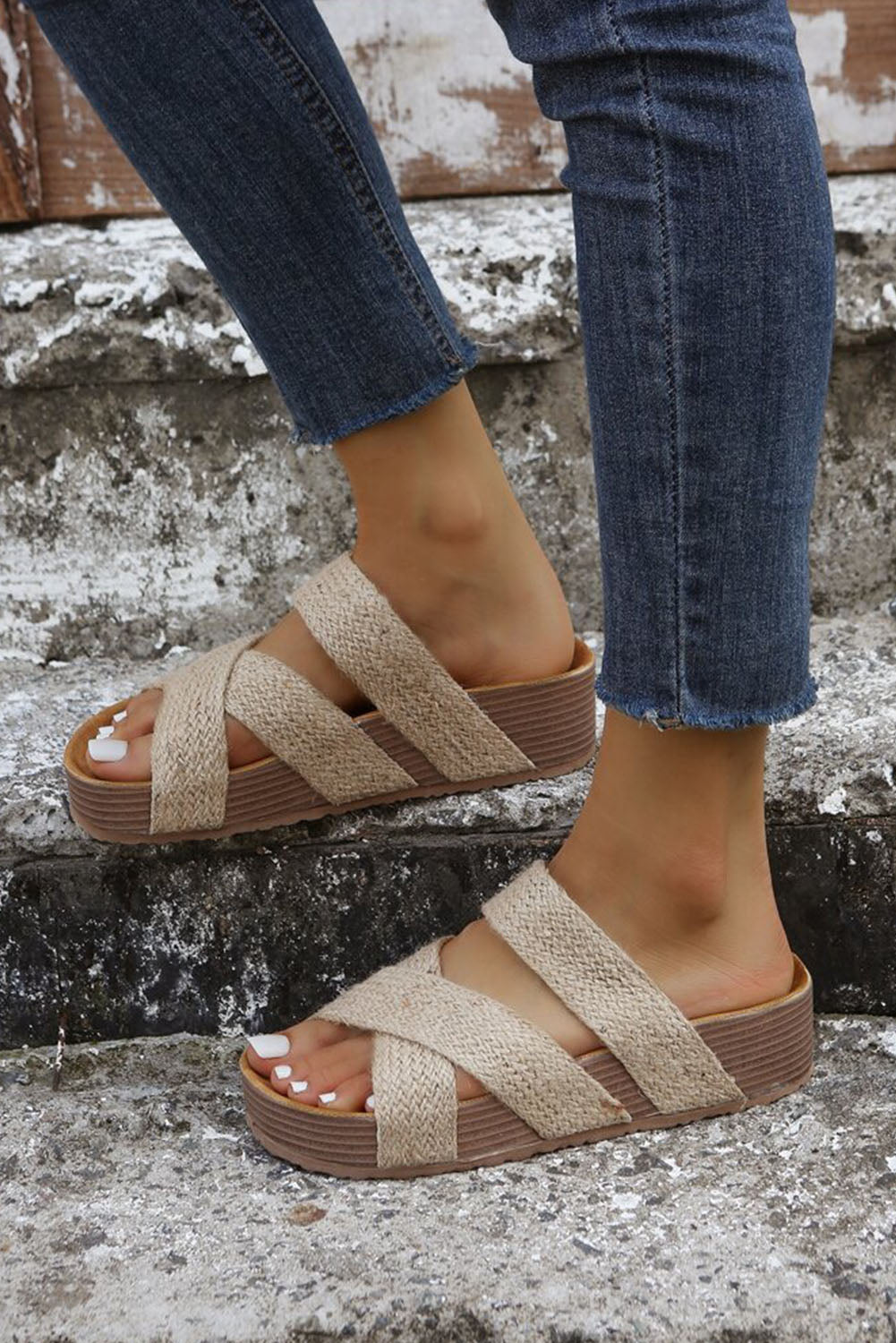 Beige Woven Cross Criss Hollowed Slip-On Slippers-Shoes & Bags/Slippers-[Adult]-[Female]-2022 Online Blue Zone Planet